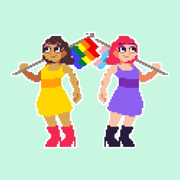 Flat pixel art orgullo mes banderas e ilustración de personas