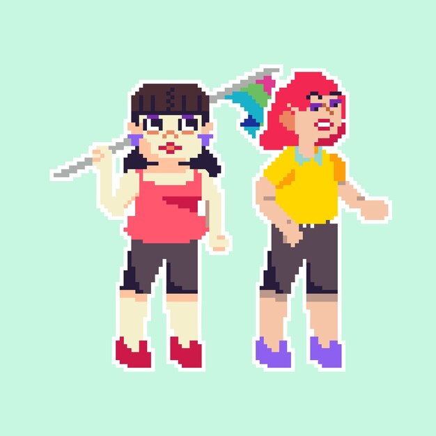 Flat pixel art orgullo mes banderas e ilustración de personas