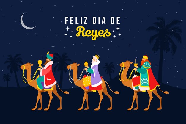Flat reyes magos llegando al belén ilustración
