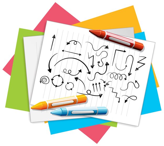 Flecha dibujada a mano garabatos en papel con crayones