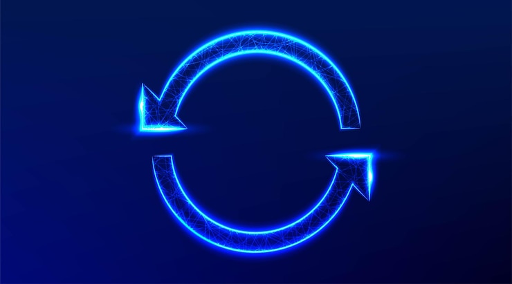 Vector gratuito flechas circulares en un diseño abstracto circular rotatorio de reciclaje con estructura de malla de alambre low poly a partir de la conexión de puntos e ilustración vectorial de línea sobre fondo azul