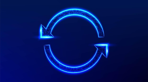 Flechas circulares en un diseño de malla de estructura alámbrica de baja poli abstracto de reciclaje circular giratorio redondo a partir de la ilustración de vector de punto y línea de conexión sobre fondo azul