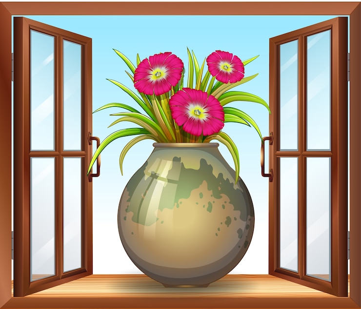 Vector gratuito flor en florero junto a la ventana