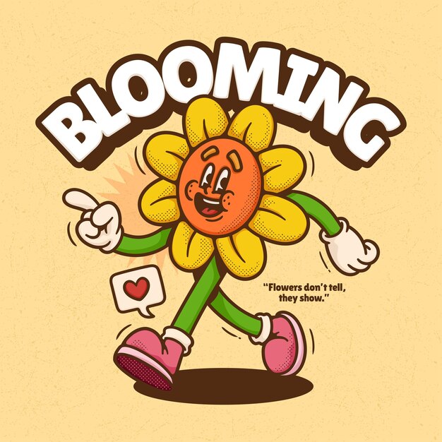 Flor linda moda retro dibujos animados vector dibujado a mano