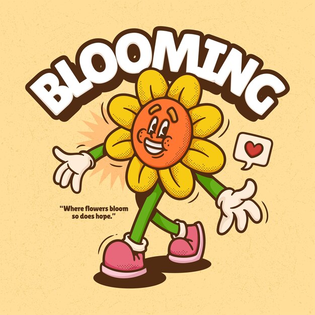 Flor linda moda retro dibujos animados vector dibujado a mano