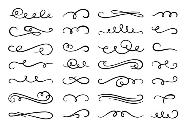 Florece la caligrafía. Adornos de adornos decorativos, remolinos ornamentales y rizos de pergaminos antiguos