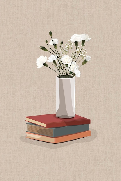 Florero de clavel blanco en una pila de vectores de elementos de diseño de libros