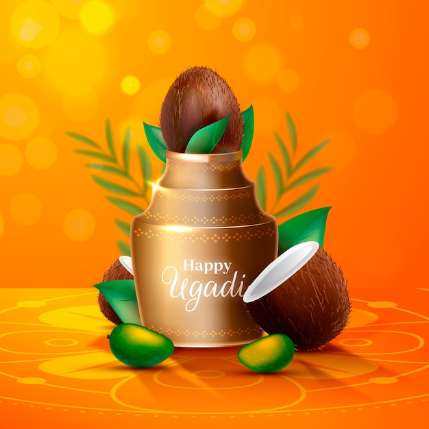 Vector gratuito florero de ugadi realista con mitades de coco