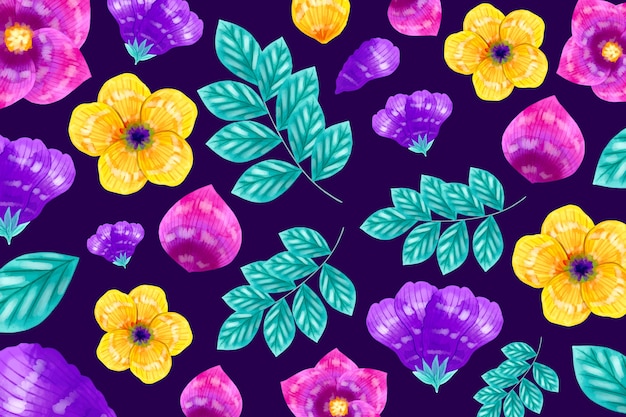 Flores amarillas y violetas con fondo de hojas exóticas