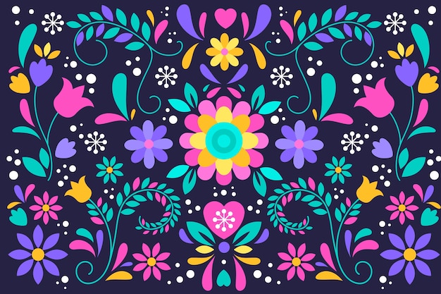 Vector gratuito flores artísticas de colores vivos y hojas de fondo mexicano