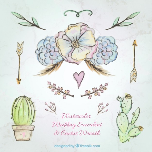 Vector gratuito flores y cactus de acuarela dibujados a mano