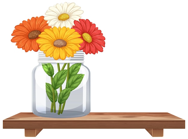 Vector gratuito flores de colores en un frasco de vidrio en un estante