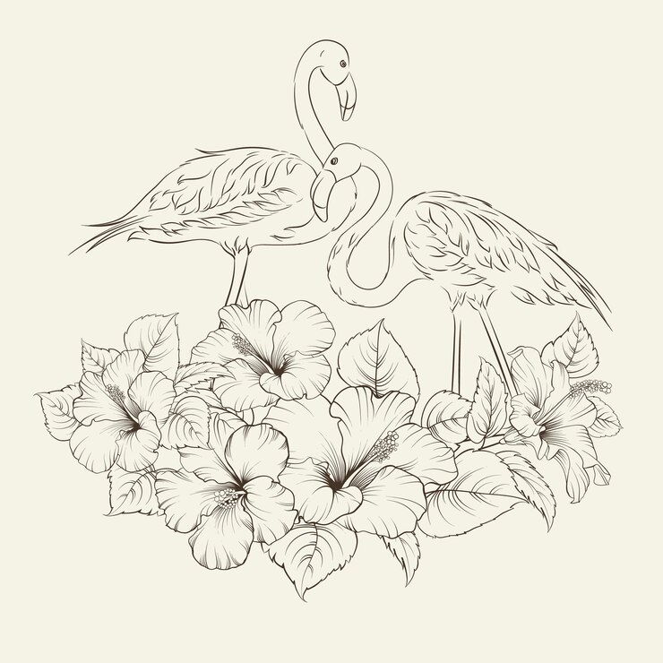 Vector gratuito flores exóticas tropicales con elegantes pájaros flamencos sobre gris