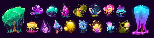 Flores de fantasía y setas del planeta alienígena.