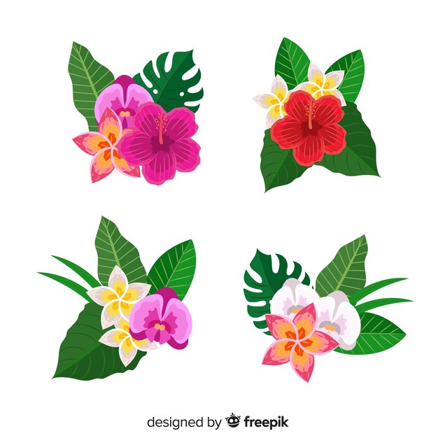 Flores y hojas tropicales en diseño plano