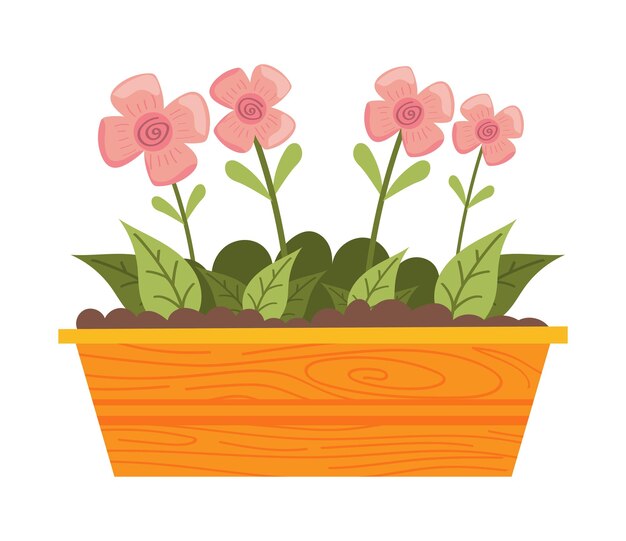 Vector gratuito flores en icono de maceta de madera.