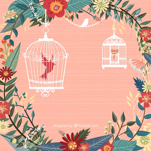 Flores y jaulas de pájaros