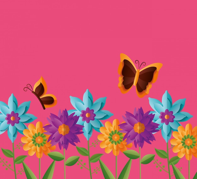 Vector gratuito flores mariposas primavera