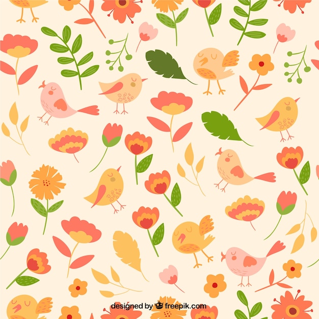 Vector gratuito flores y pájaros estampado lindo