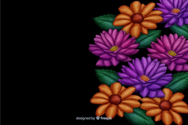 Vector gratuito flores realistas en un fondo oscuro