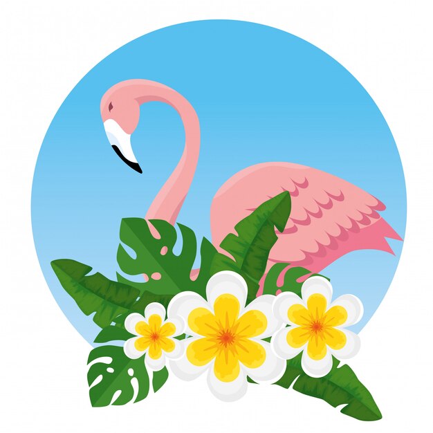 Flores tropicales y hojas con exóticos flamencos