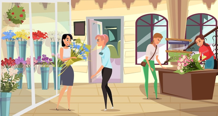 Vector gratuito floristería tienda de floristería clientes y empleados personajes plantas decorativas venta negocio vendedor consultor ayuda mujer floristería ramo de embalaje