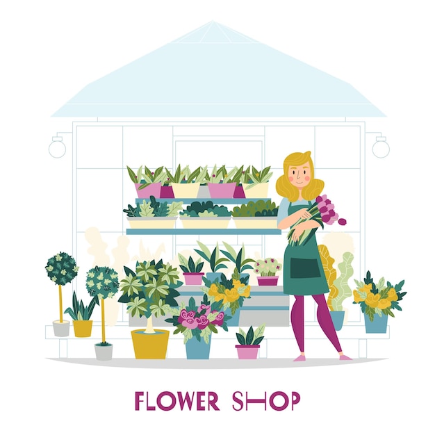 Floristería vendedor composición de la tienda de flores con vista del quiosco con flores en los estantes y personaje femenino