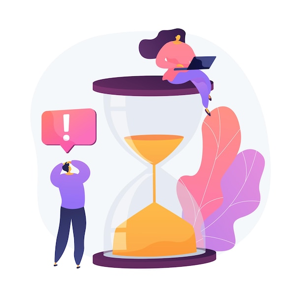 Flujo de trabajo estresado. Mujer con laptop sentada en personaje de dibujos animados de reloj de arena. Falta de tiempo, equipo de programadores, proceso de trabajo en equipo. Proyecto de coworking. Ilustración de metáfora de concepto aislado de vector