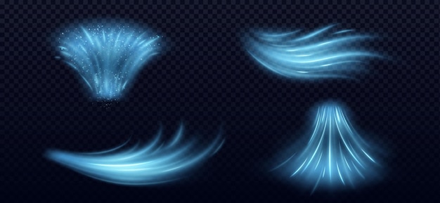 Flujo de viento frío efecto vectorial de onda fresca fresca flujo de humo de acondicionador aislado limpio rastro de soplo de brisa abstracto png niebla de velocidad de hielo azul con textura de polvo gráfico de curva de purificación de hielo