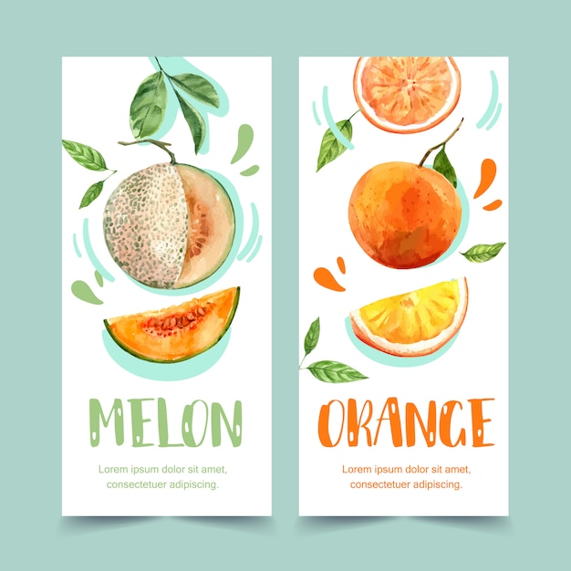 Flyer acuarela con tema de frutas, melón y plantilla de ilustración naranja.