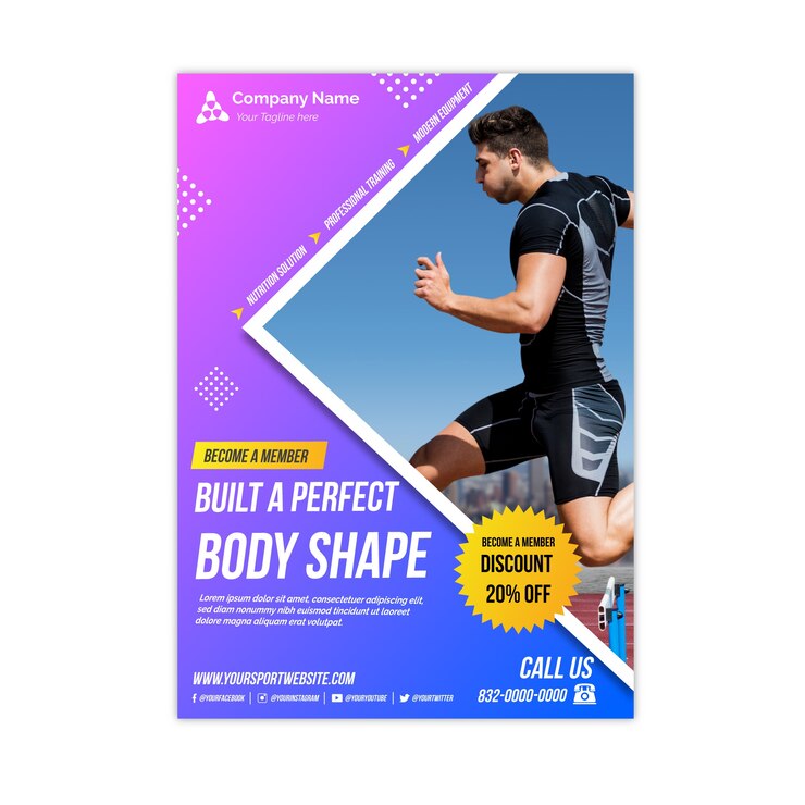 Vector gratuito flyer deportivo con forma de cuerpo perfecto con foto
