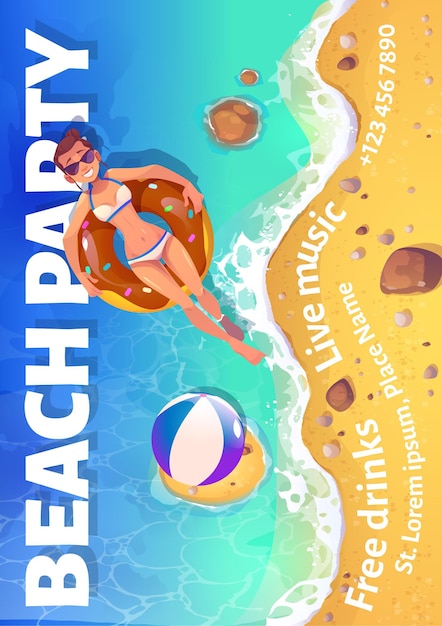 Flyer de dibujos animados de fiesta en la playa con mujer flotando en el océano en la vista superior del anillo inflable. Tarjeta de invitación o póster para el entretenimiento de las vacaciones de verano con bebidas gratis y música en vivo.