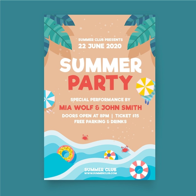 Flyer de fiesta de verano de diseño plano