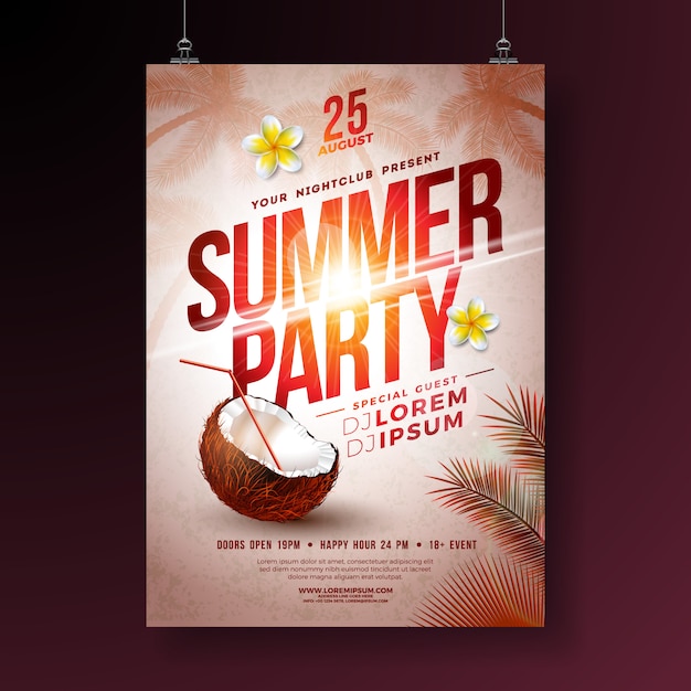Vector gratuito flyer fiesta de verano con flor y coco