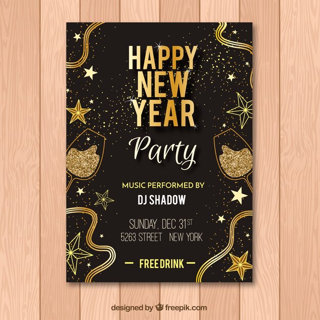 Flyer negro y dorado para fiesta de año nuevo