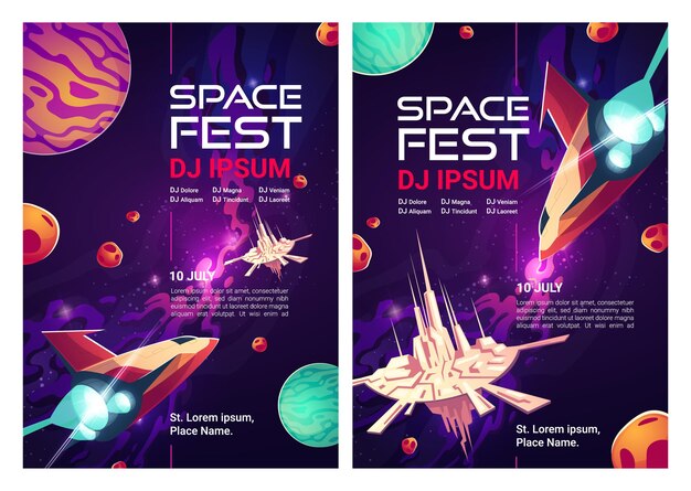 Flyers de space dj fest, carteles de fiestas musicales