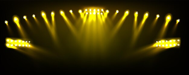Focos amarillos realistas brillando sobre fondo negro Ilustración vectorial del escenario del teatro sala de conciertos estadio arena deportiva festival de rock club nocturno espectáculo iluminación con efecto humo
