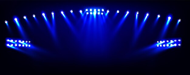 Focos en el estadio para juegos de fútbol o fútbol, arena deportiva o escenario de conciertos por la noche Proyectores y lámparas con rayos de luz azul aislados en ilustraciones realistas de vectores de fondo negro