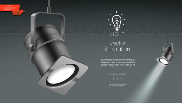 Focos realistas para plantilla de iluminación de escenario con proyectores brillantes colgantes en gris