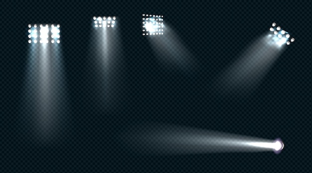 Focos, vigas blancas de luz de escenario, elementos de diseño brillantes para estudio, estadio o escena de teatro.