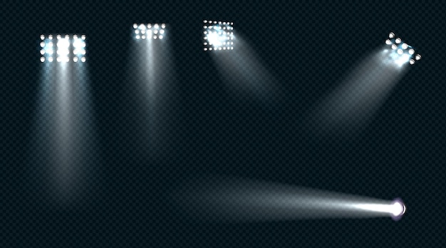 Vector gratuito focos, vigas blancas de luz de escenario, elementos de diseño brillantes para estudio, estadio o escena de teatro.