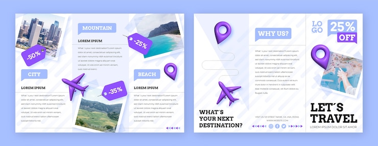 Vector gratuito folleto de agencia de viajes realista con avión.