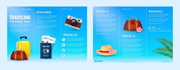 Folleto de agencia de viajes realista con equipaje.