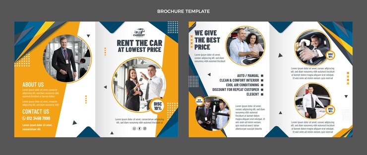 Vector gratuito folleto de alquiler de coches de diseño plano dibujado a mano