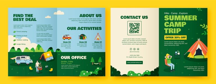 Vector gratuito folleto de aventura de campamento de diseño plano