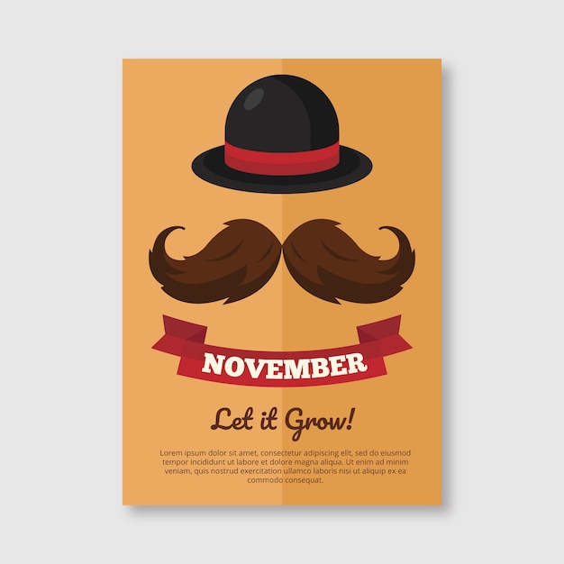 Vector gratuito folleto de bigote y sombrero de movember en diseño plano