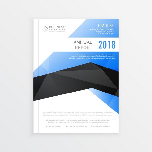 Folleto blanco de negocios con formas geométricas azules y negras