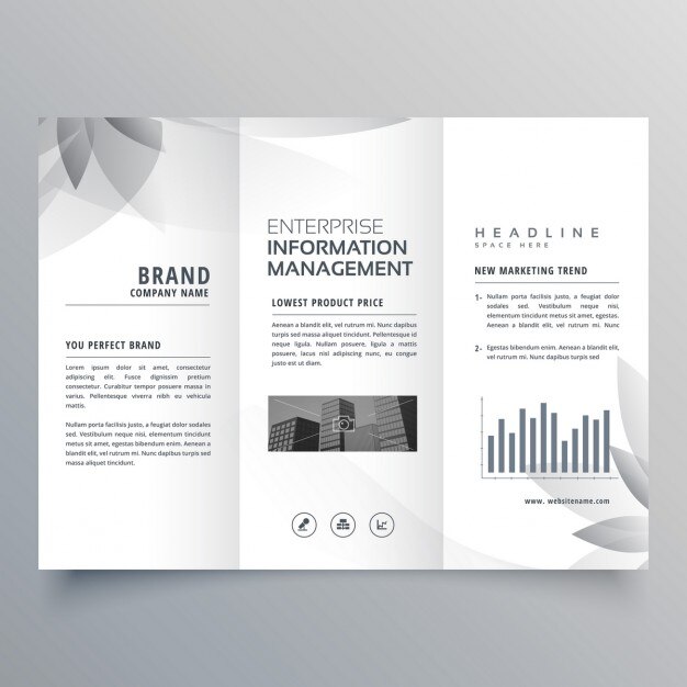 Folleto blanco y negro con formas abstractas 