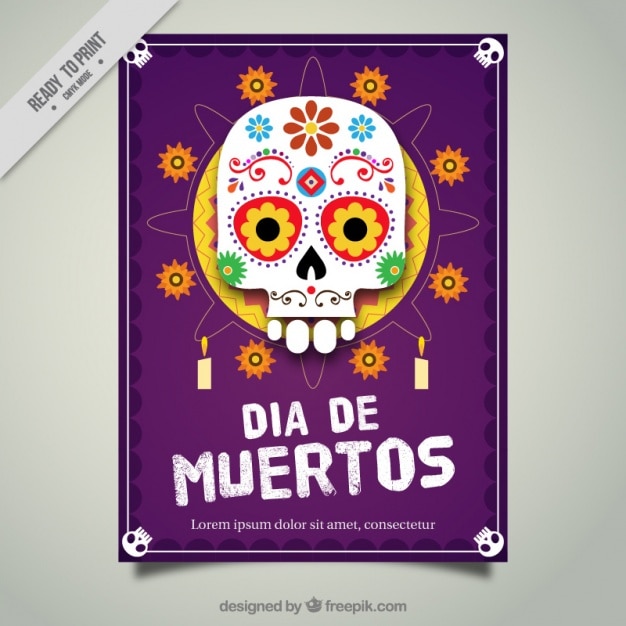 Folleto de calavera mexicana con flores y velas