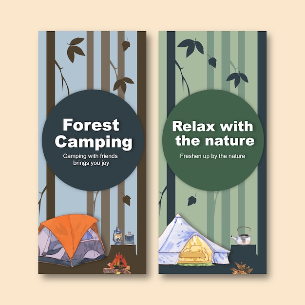 Folleto de camping con ilustraciones de campamento, linterna, carpa y hervidor de agua.